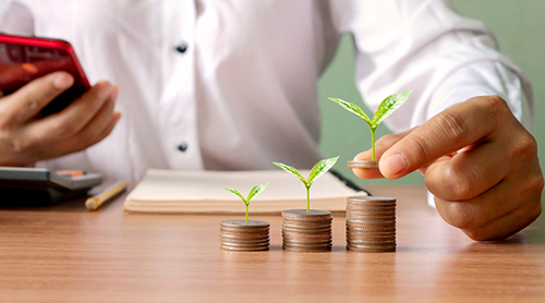 businessman stacking coins with plant growing on and use calculator; save and investment concept for the future.