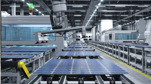 Solar panel factory with robotic arms placing PV modules on automation lines, 3D illustration of industrial building interior. Mass production