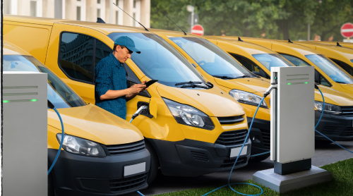 A man with a digital tablet stands next to yellow electric delivery vans at electric vehicle charging stations