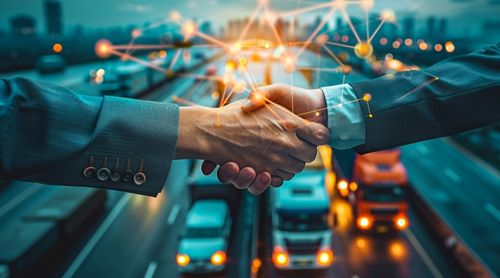 Smart logistics, Global business concept. Businessman making handshake for successful business, investment deal teamwork and partnership business partners on logistic global network and supply chain