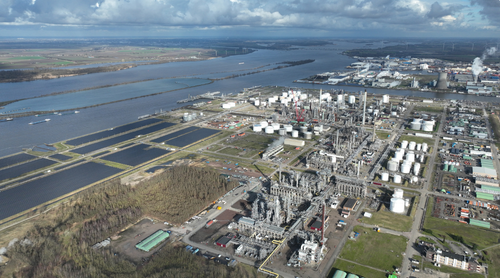 Petrochemical industry. Petroleum oil refinery in Moerdijk, The Netherlands. Sustainable energy resources by solar panels. Green development